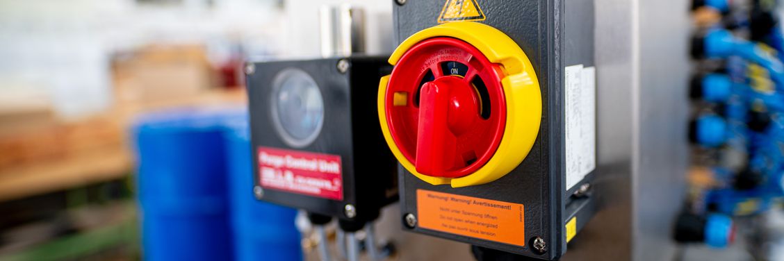 Close-up of ATEX-certified safety switch on FEIGE filling system, ensuring safe operation in hazardous explosive environments