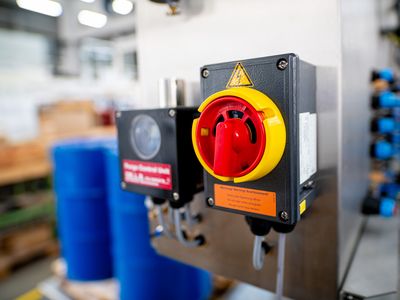 Close-up of ATEX-certified safety switch on FEIGE filling system, ensuring safe operation in hazardous explosive environments